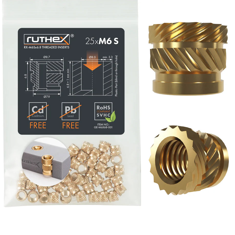 Ruthex M6 threaded insert – Rx-M6x6.8 - 25 pcs. – 3Dsaga.com